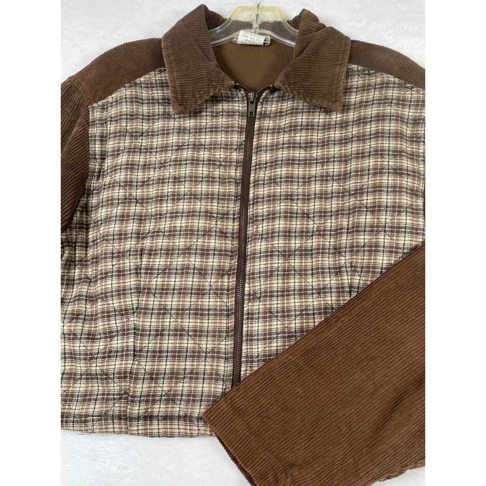 Vintage Niki-Lee California Women L Brown Corduroy Plaid Quilted Cropped Jacket